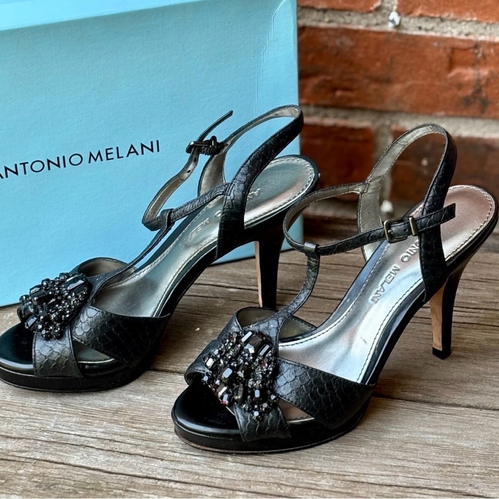Antonio Melani Black Leather Embellished Beaded Heels Open Toe Sz 6.5M